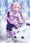  1girl ainu_clothes animal bangs bear blush bow breasts commentary_request fate/grand_order fate_(series) fingerless_gloves gabiran gloves hairband long_hair long_sleeves polar_bear purple_bow purple_gloves purple_hairband purple_scarf scarf shirou_(fate/grand_order) sitonai smile 