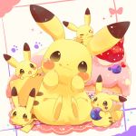 :&lt; :3 brown_eyes closed_eyes closed_mouth commentary_request food fruit gen_1_pokemon head_tilt highres holding looking_at_viewer no_humans paws pikachu pokemon pokemon_(creature) sitting smile sparkle strawberry ushiina yellow_fur 