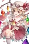  1girl :p artist_name blonde_hair collarbone crystal fangs flandre_scarlet flower hat highres kneehighs long_hair looking_at_viewer mob_cap open_mouth pointy_ears puffy_short_sleeves puffy_sleeves red_eyes red_flower red_rose red_skirt rose short_sleeves side_ponytail skirt smile solo tongue tongue_out touhou unity_(ekvmsp02) white_background white_headwear wings 