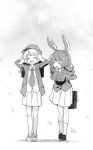  2girls alternate_costume animal_ears arms_behind_head bag bag_charm black_footwear blazer bunny_ears cabbie_hat charm_(object) cherry_blossoms closed_eyes commentary crescent crescent_moon_pin ear_clip full_body grey_jacket greyscale hat highres holding holding_bag jacket lapel_pin long_hair long_sleeves loose_necktie low_twintails monochrome multiple_girls necktie open_mouth petals pleated_skirt rabbit_girl ringo_(touhou) seiran_(touhou) shirt shoes short_hair skirt smile sneakers socks tanasuke touhou tree_branch twintails walking white_background white_footwear white_shirt white_skirt 