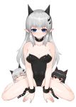  &gt;:) 3girls ^_^ absurdres bangs bare_legs bare_shoulders black_collar black_hair black_leotard blue_eyes blush breasts chain chibi cleavage closed_eyes closed_mouth collar collarbone covered_navel cuffs dokomon eyebrows_visible_through_hair fang fang_out full_body hair_between_eyes hair_ornament highres horns leotard long_hair looking_at_viewer medium_breasts multiple_girls original pointy_ears red_eyes silver_hair simple_background strapless strapless_leotard v-shaped_eyebrows white_background 