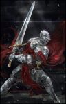  1boy absurdres armor breastplate cape commentary dark_souls_iii faulds feet_out_of_frame fighting_stance full_armor gauntlets greatsword greaves helmet highres holding holding_sword holding_weapon knight lothric_knight male_focus nslacka pauldrons red_cape scabbard sheath sheathed shoulder_armor solo souls_(from_software) sword weapon 
