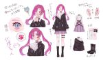  1girl blue_eyes character_sheet ear_piercing glasses highres looking_at_viewer multiple_views original paw_print piercing purple_hair round_eyewear spoken_paw towor_n white_background 