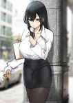  1girl absurdres black_hair black_legwear black_skirt blurry blurry_background breasts cellphone cigarette cleavage collared_shirt commentary_request dress_shirt grey_eyes ground_vehicle hair_between_eyes highres holding holding_cigarette holding_folder holding_phone k_jin large_breasts looking_at_phone miniskirt motor_vehicle office_lady original outdoors pantyhose phone pillar shirt shirt_tucked_in skirt smartphone standing white_shirt 