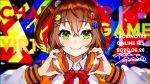  1girl bangs bow bowtie brown_hair closed_mouth collared_shirt crossed_bangs green_eyes hair_ornament hairclip headphones headphones_around_neck long_sleeves looking_at_viewer mika_pikazo one_side_up original red_bow red_neckwear shirt short_hair smile solo white_shirt wing_collar 