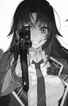  1girl aiming_at_viewer apocalypse_witch breast_pocket collared_shirt flower greyscale grin gun highres holding holding_gun holding_weapon jacket long_hair looking_at_viewer mika_pikazo monochrome necktie open_clothes open_jacket pocket rifle rose school_uniform shirt simple_background smile solo upper_body weapon white_background wing_collar 