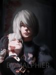  1boy 1girl absurdres artist_name character_request check_character closed_mouth crying crying_with_eyes_open english_commentary gloves grey_hair highres injury lips looking_at_viewer malphier nier_(series) nier_automata puffy_sleeves realistic shadow tears watermark yorha_no._2_type_b yorha_no._9_type_s 