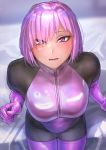  1girl bodysuit elbow_gloves fate/grand_order fate_(series) from_above gloves highres kilye_4421 latex_bodysuit mash_kyrielight open_mouth original pink_eyes pink_gloves pink_hair shiny shiny_clothes short_hair sitting skin_tight solo thighhighs zipper 