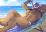  1boy abs aegir_(tokyo_houkago_summoners) ass bara beard blue_eyes bulge chest chest_harness dark_skin dark_skinned_male facial_hair feet_out_of_frame harness katoributa_a looking_at_viewer male_focus male_underwear manly muscle nipples pectoral_press pectorals smile solo thick_thighs thighs tokyo_houkago_summoners underwear underwear_only white_hair 