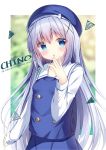  1girl :o beret blue_eyes blue_headwear blue_skirt blue_vest blurry blurry_background blush character_name depth_of_field english_text gochuumon_wa_usagi_desu_ka? hair_ornament hand_to_own_mouth hand_up hat highres kafuu_chino kafuu_chino&#039;s_school_uniform long_hair long_sleeves looking_at_viewer parted_lips pizzzica sailor_collar school_uniform shirt silver_hair skirt sleeves_past_wrists solo very_long_hair vest white_sailor_collar white_shirt x_hair_ornament 