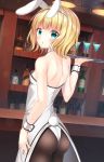  1girl animal_ears ass bangs bare_shoulders blonde_hair blue_eyes blush bottle breasts brown_legwear bunny_ears bunny_tail cocktail_glass cowboy_shot cup drink drinking_glass eyebrows_visible_through_hair fake_animal_ears gochuumon_wa_usagi_desu_ka? hairband hand_up highres holding holding_tray indoors kirima_sharo leotard looking_at_viewer looking_back pantyhose parted_lips pizzzica small_breasts solo standing strapless strapless_leotard tail tray white_hairband white_leotard wrist_cuffs 
