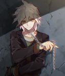  1boy ahoge bangs black_jacket brown_shirt chain chained closed_mouth collar collarbone commentary_request cuffs danganronpa danganronpa_3 grey_eyes hair_between_eyes hand_up holding holding_chain io_(sinking=carousel) jacket komaeda_nagito long_sleeves looking_at_viewer male_focus medium_hair metal_collar open_clothes open_jacket shackles shirt smile solo upper_body white_hair 