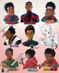  1boy a2t_will_draw black_eyes black_hair bleach bodysuit bodysuit_under_clothes closed_mouth dark_skin dark_skinned_male devil_fruit dragon_ball dragon_ball_z facial_mark gotouge_koyoharu_(style) grin headband highres isayama_hajime_(style) jacket kimetsu_no_yaiba kishimoto_masashi_(style) kubo_taito_(style) looking_at_viewer male_focus mask miles_morales multiple_views naruto naruto_(series) oda_eiichirou_(style) one_piece paradis_military_uniform shingeki_no_kyojin short_hair silk smile spider-man:_into_the_spider-verse spider-man_(series) three-dimensional_maneuver_gear toriyama_akira_(style) upper_body very_short_hair white_eyes white_skin 