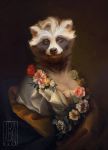 absurd_res anthro black_body black_fur blue_flower clothing dress female flower fur gold_clothing hi_res ira-arn looking_at_viewer mammal painting_(artwork) pink_flower plant portrait procyonid purple_eyes raccoon red_flower renaissance silver_clothing solo traditional_media_(artwork) watermark white_body white_flower white_fur 