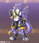  anthro claws clothed clothing digimon digimon_(species) digital_media_(artwork) dragon dragoneer_(character) electronics fak&eacute;mon fan_character hi_res horn leather looking_at_viewer male mammal murasadramon muscular muscular_anthro muscular_male scalie simple_background smile solo symbol wingedwilly zero_unit 