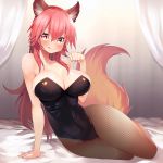  1girl animal_ear_fluff animal_ears artist_request blush breasts cleavage collarbone covered_navel eyebrows_visible_through_hair fate/grand_order fate_(series) fox_ears fox_girl fox_tail highleg highleg_leotard highres large_breasts leotard long_hair looking_at_viewer pantyhose paw_pose pink_hair playboy_bunny solo tail tamamo_(fate)_(all) tamamo_no_mae_(fate) tongue very_long_hair yellow_eyes 