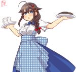  1girl ahoge alternate_costume apron arms_up artist_logo black_hair blue_apron blue_bow blue_eyes blue_neckwear blue_skirt bow bowtie braid commentary_request cowboy_shot dated employee_uniform gingham_apron hair_flaps hair_ornament hair_over_shoulder highres kanon_(kurogane_knights) kantai_collection kobeya kobeya_uniform long_hair long_skirt looking_at_viewer remodel_(kantai_collection) shigure_(kantai_collection) simple_background single_braid skirt solo tray triangle_mouth uniform unmoving_pattern waitress white_background 