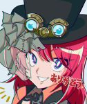  1girl blue_eyes bright_pupils chromatic_aberration close-up commission goggles goggles_on_headwear hat highres looking_at_viewer nui_inu original red_hair skeb_commission smile solo top_hat white_pupils 