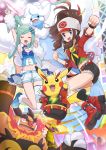  2girls absurdres altaria antenna_hair arm_up baseball_cap blue_eyes blush blush_stickers boots brendan_(pokemon) brendan_(pokemon)_(cosplay) brown_hair clenched_hands closed_eyes commentary_request cosplay cosplay_pikachu emboar eyelashes floating_hair gen_1_pokemon gen_3_pokemon gen_5_pokemon green_hair happy hat haxorus highres hilda_(pokemon) jacket light_stick lisia_(pokemon) long_hair multicolored_hair multiple_girls navel open_mouth pikachu pikachu_rock_star pokemoa pokemon pokemon_(creature) pokemon_(game) pokemon_bw pokemon_oras ponytail red_footwear red_jacket shoes short_shorts shorts sidelocks single_thighhigh smile streaked_hair thighhighs tongue 