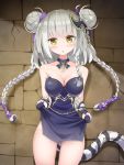  1girl :&lt; ass_visible_through_thighs bangs bare_shoulders blush braid breasts cleavage double_bun dress elbow_gloves eyebrows_visible_through_hair gloves grey_hair highres long_hair puzzle_&amp;_dragons tail twin-7646 twin_braids yellow_eyes 