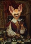  5_fingers absurd_res ambiguous_gender anthro big_ears black_nose blue_eyes book canid canine card card_game clothing collar detailed_background eyewear fennec fingers fox fur gaming glasses hi_res holding_object ira-arn mammal medieval orange_body orange_fur painting_(artwork) red_clothing renaissance sitting solo traditional_media_(artwork) watermark whiskers white_body white_clothing white_collar white_fur woodcarving 