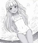  1girl bangs bikini blunt_bangs blush dutch_angle eyebrows_visible_through_hair greyscale h2_(h20000000) hand_on_hip kantai_collection long_hair looking_at_viewer maestrale_(kantai_collection) monochrome navel one_side_up open_mouth smile swimsuit tan 