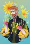  1boy artist_name beard blue_eyes brown_hair cropped_torso facial_hair fate/grand_order fate_(series) flower gradient gradient_background hair_slicked_back looking_at_viewer medium_hair parody plant puffy_sleeves sinzui solo sunflower van_gogh_(fate) vincent_van_gogh_(person) yellow_flower 