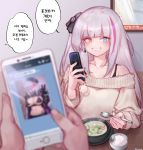  1boy 1girl bangs blue_eyes blurry_foreground blush breasts cellphone earrings eonsang eyebrows_visible_through_hair food girls_frontline grey_hair hetero heterochromia highres holding holding_phone holding_spoon jewelry korean_text large_breasts long_hair long_sleeves looking_at_viewer mdr_(girls_frontline) multicolored_hair off-shoulder_sweater off_shoulder phone pink_hair pov pov_hands red_eyes smartphone smile solo_focus speech_bubble spoon streaked_hair sweater teeth translation_request 