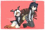  &gt;_&lt; 2girls animal_ears atlantic_puffin_(kemono_friends) bird_tail bird_wings black_hair blonde_hair border candy cardigan closed_eyes crested_porcupine_(kemono_friends) extra_ears food food_on_face full_body grabbing grey_hair head_wings highres iwa_(iwafish) kemono_friends kneeling leaning_to_the_side long_sleeves looking_at_another medium_hair microskirt multicolored_hair multiple_girls necktie open_cardigan open_clothes open_mouth oversized_food pantyhose pocky porcupine_ears porcupine_tail red_eyes red_hair scarf shoes sitting skirt smile socks sweater sweater_vest tail white_hair wings 