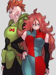  1boy 1girl android_16 android_21 black_nails blue_eyes breasts checkered checkered_dress dragon_ball dragon_ball_fighterz dragon_ball_z dress earrings glasses grey_background hair_between_eyes hand_on_hip hoop_earrings jewelry kemachiku large_breasts long_hair looking_at_viewer nail_polish red_hair red_ribbon_army short_hair simple_background 