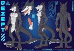  absurd_res animal_genitalia anthro athletic balls claws dezept english_text fingers fonyaa genitals hi_res knot long_tail male model_sheet nude open_maw penis sergal sheath solo standing teeth text tongue tongue_out 