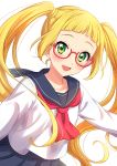  1girl :d absurdres aikatsu! aikatsu!_(series) aikatsu_friends! bangs black_sailor_collar black_skirt blonde_hair blunt_bangs blush floating_hair glasses green_eyes highres hinata_ema_(aikatsu_friends!) long_hair long_sleeves looking_at_viewer neckerchief open_mouth pleated_skirt red-framed_eyewear red_neckwear sailor_collar school_uniform sekina semi-rimless_eyewear serafuku shirt short_sleeves simple_background skirt smile solo twintails under-rim_eyewear white_background white_shirt 