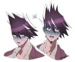  1boy artist_name danganronpa expressions facial_hair goatee grey_shirt jacket jacket_on_shoulders looking_at_viewer male_focus momota_kaito multiple_views nagi_to_(kennkenn) new_danganronpa_v3 open_mouth pink_jacket purple_eyes shaded_face shirt simple_background spiked_hair sweat symbol_commentary white_background wide-eyed 