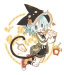  1girl aida_(aidia) animal_hat aqua_eyes aqua_hair bad_id bad_tumblr_id bandaid bandaid_on_face black_choker black_headwear black_hoodie black_legwear blush_stickers bracelet cat_hat cat_tail choker english_text food food_on_face french_fries full_body green_jacket hamburger hat heart high_tops highres holding holding_food hood hoodie jacket jewelry letterman_jacket long_sleeves looking_at_viewer mint-chan original red_footwear short_hair short_twintails socks solo tail twintails white_background 