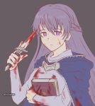  1girl blood blood_on_face bloody_knife bloody_weapon blue_dress book cape cloak closed_mouth commission commissioner_upload dress expressionless fire_emblem fire_emblem:_the_binding_blade holding holding_book holding_knife holding_weapon knife long_hair long_sleeves nyawn5 purple_eyes purple_hair simple_background sophia_(fire_emblem) very_long_hair weapon 
