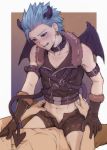  2boys bare_shoulders belt black_belt black_collar black_horns black_wings blue_background blue_eyes blue_hair blush border boy_on_top brown_background brown_gloves brown_pants brown_shorts bulge camus_(dq11) collar collarbone commentary_request demon_boy demon_horns demon_tail demon_wings dragon_quest dragon_quest_xi gloves hand_on_another&#039;s_chin hands_on_another&#039;s_hips hero_(dq11) horns looking_at_another male_focus male_pubic_hair mondi_hl multicolored multicolored_background multiple_boys open_clothes open_mouth open_shorts pants pubic_hair shirtless shorts solo_focus spiked_hair straddling tail teasing white_border wings yaoi 