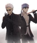  2boys archer bangs black_gloves black_jacket black_neckwear black_pants black_shirt blue_hair chest collarbone collared_shirt commentary_request cosplay cowboy_shot cu_chulainn_(fate)_(all) earrings eyewear_on_head fate/stay_night fate_(series) fingerless_gloves gloves goggles goggles_on_headwear grey_hair grey_shirt hand_in_pocket highres holding holding_weapon jacket jewelry lancer long_hair long_sleeves looking_at_viewer male_focus mondi_hl multiple_boys pants partially_unbuttoned ponytail red_eyes reno_(ff7) reno_(ff7)_(cosplay) rude_(ff7) rude_(ff7)_(cosplay) serious shirt short_hair simple_background spiked_hair sunglasses weapon white_background 
