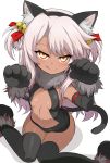  1girl animal_ears bangs bare_shoulders bell black_gloves black_legwear black_leotard blush breasts cat_ears cat_tail center_opening chloe_von_einzbern cosplay dark_skin dark_skinned_female fate/kaleid_liner_prisma_illya fate_(series) fur_collar gloves highres illyasviel_von_einzbern illyasviel_von_einzbern_(cosplay) jingle_bell leotard licking_lips long_hair looking_at_viewer navel paw_gloves paw_shoes paws pink_hair shimejinameko shoes simple_background sitting small_breasts smile tail thighhighs tongue tongue_out two_side_up wariza white_background yellow_eyes 