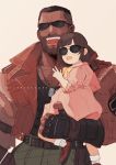  1boy 1girl arm_hair arm_tattoo barret_wallace beard belt black_hair brown_hair carrying chest_hair dog_tags dress facial_hair father_and_daughter final_fantasy final_fantasy_vii final_fantasy_vii_remake fingerless_gloves gloves lstrikesart marlene_wallace open_mouth pink_dress short_hair smile sunglasses tattoo v vest 