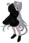  1girl ahoge animal_ears atkm2 bangs black_dress black_eyes black_footwear black_nails cat_ears dress ears frilled_sleeves frills hand_up long_hair long_sleeves looking_at_viewer original silver_hair solo standing white_background 