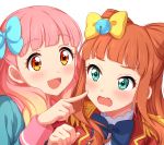  2girls absurdres aikatsu!_(series) aikatsu_friends! aikatsu_on_parade! aikatsu_stars! bangs bell black_bow blonde_hair blue_bow blunt_bangs blush bow bowtie cheek_poking epaulettes gradient_hair green_eyes hair_bow highres jingle_bell long_hair long_sleeves looking_at_another multicolored_hair multiple_girls open_mouth orange_hair pink_hair poking s4_uniform saotome_ako school_uniform sekina simple_background smile upper_body white_background yellow_eyes yuuki_aine 