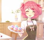  1girl :d ^_^ apron bangs black_apron blurry blurry_background blush casual closed_eyes commentary cupcake day dead_temple doki_doki_literature_club facing_viewer fang food frilled_apron frills hair_ribbon happy highres holding holding_plate indoors natsuki_(doki_doki_literature_club) open_mouth pink_hair plate red_ribbon ribbon short_hair short_sleeves smile solo swept_bangs two_side_up 