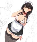  1girl 3boys alternate_costume apron bangs bikini black_hair black_legwear bow breasts brown_eyes cleavage closed_mouth commentary_request covered_nipples curvy dutch_angle emaason enmaided eyebrows_visible_through_hair highres large_breasts long_hair looking_at_another maid maid_headdress multiple_boys original red_bow revealing_clothes sweatdrop swimsuit thighhighs thighs underboob waist_apron white_background white_bikini 