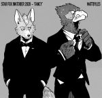  2020 angry anthro avian beak bird black_nose bodily_fluids bow_tie canid canine duo english_text eyebrows falco_lombardi feathers fox fox_mccloud fur inner_ear_fluff male mammal mattbyles monochrome nintendo star_fox sweat teeth text tuft video_games whiskers 