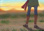  1boy blue_pants brown_footwear camus_(dq11) commentary_request dragon_quest dragon_quest_xi from_behind grass lower_body male_focus mondi_hl outdoors pants red_scarf scarf shoes solo standing sunset 