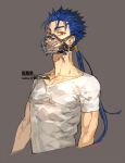  1boy artist_name bangs blue_hair brown_background collarbone commentary_request cropped_torso cu_chulainn_(fate)_(all) fate/stay_night fate_(series) grin lancer long_hair looking_at_viewer male_focus muzzle red_eyes repost_notice shirasuboshiboshi shirt short_sleeves simple_background smile solo spiked_hair white_shirt 