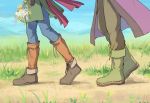  2boys blue_pants boots brown_footwear camus_(dq11) commentary_request day dragon_quest dragon_quest_xi field fingerless_gloves flower gloves grass green_shirt hero_(dq11) holding lower_body male_focus mondi_hl multiple_boys outdoors pants red_scarf scarf shirt shoes walking white_flower yellow_flower 