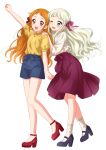  2girls :d absurdres aikatsu! aikatsu!_(series) arisugawa_otome bangs blonde_hair blouse blue_shorts blunt_bangs blush brown_eyes brown_hair collared_shirt hair_ribbon hand_up high_heels highres multiple_girls one_eye_closed open_mouth pink_ribbon pleated_skirt purple_footwear red_footwear red_skirt ribbon sekina shirt shoes short_shorts shorts simple_background skirt smile socks standing toudou_yurika white_background wing_collar yellow_shirt 