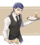  1boy apron artist_name black_apron black_vest blue_hair cake cake_slice collared_shirt commentary_request cowboy_shot cropped_legs cu_chulainn_(fate)_(all) earrings fate/stay_night fate_(series) food highres holding holding_tray jewelry lancer long_hair long_sleeves looking_at_viewer male_focus mondi_hl necktie open_mouth plate ponytail red_eyes sandwich shirt smile solo spiked_hair tray upper_teeth vest waist_apron waiter white_shirt 