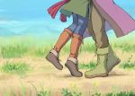  2boys blue_pants boots brown_footwear brown_pants camus_(dq11) day dragon_quest dragon_quest_xi grass green_jacket hero_(dq11) hug jacket male_focus mondi_hl multiple_boys outdoors pants red_scarf scarf shoes sky standing yaoi 